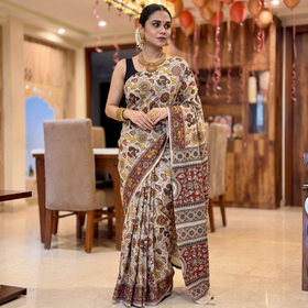 Beige Kalamkari Printed Cotton Saree, draped and worn by a woman, AI visual of the saree, iTokri