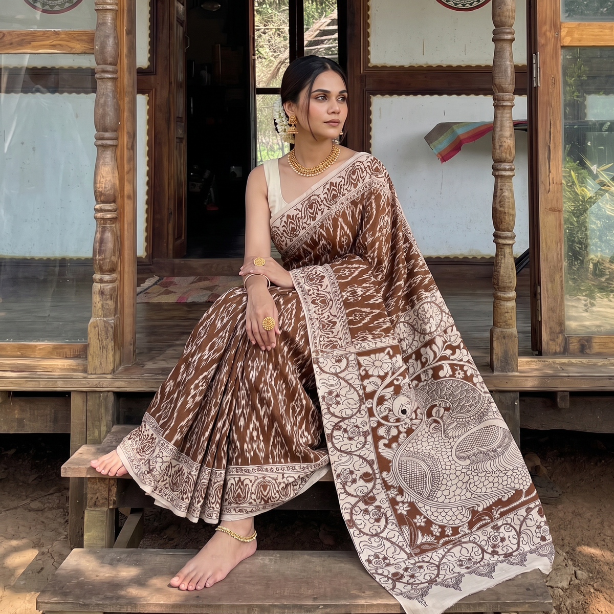 Brown Kalamkari Printed Cotton Saree, draped and worn by a woman, AI visual of the saree, iTokri
