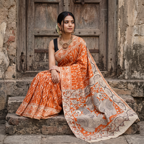 Orange Kalamkari Printed Cotton Saree, draped and worn by a woman, AI visual of the saree, iTokri