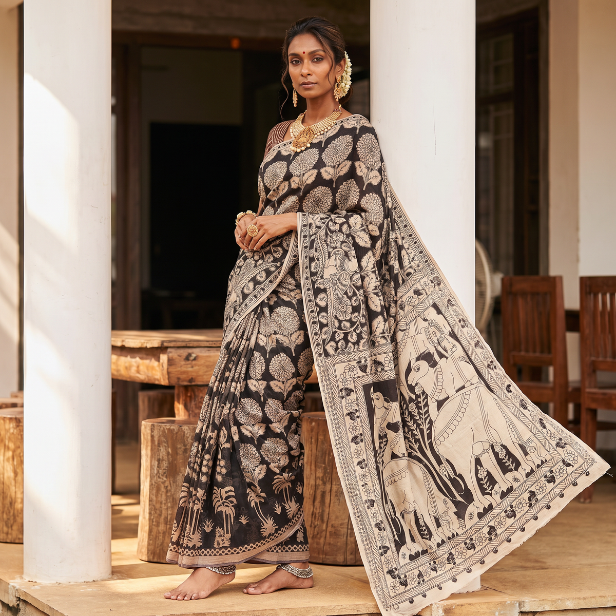 Black Kalamkari Printed Cotton Saree, draped and worn by a woman, AI visual of the saree, iTokri