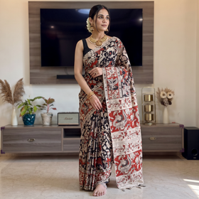 Multicolor Kalamkari Printed Cotton Saree, draped and worn by a woman, AI visual of the saree, iTokri