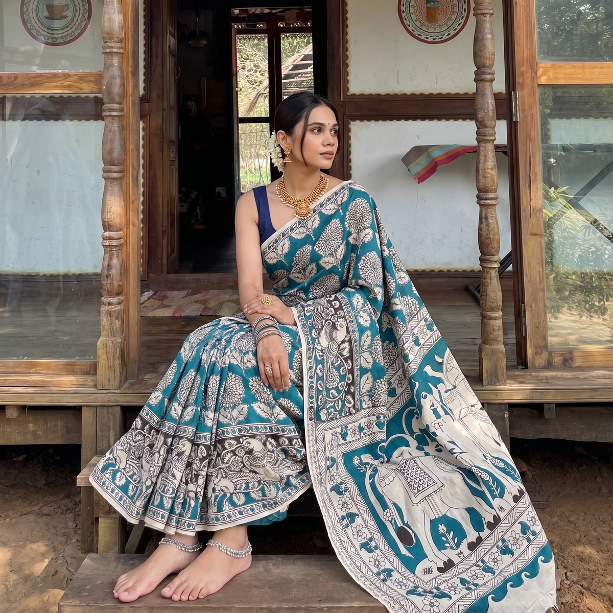 Blue Kalamkari Printed Cotton Saree, draped and worn by a woman, AI visual of the saree, iTokri