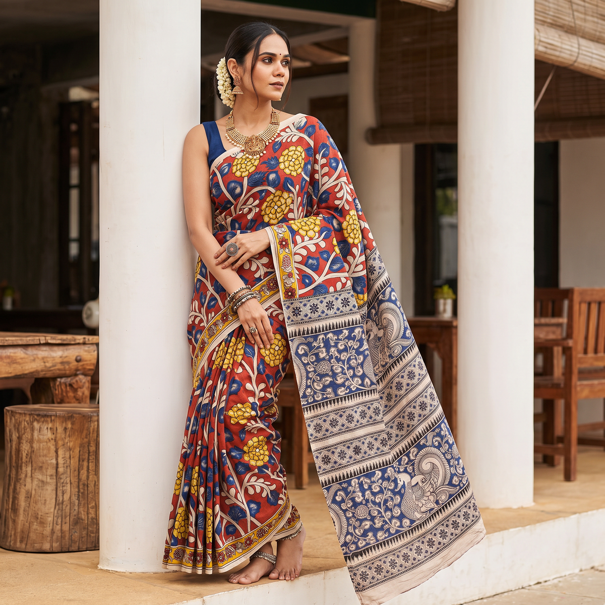 Multicolor Kalamkari Printed Cotton Saree, draped and worn by a woman, AI visual of the saree, iTokri