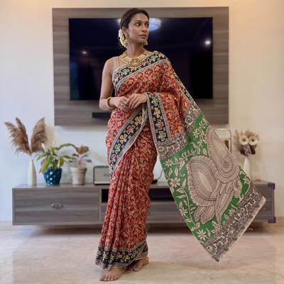 Red Kalamkari Printed Cotton Saree, draped and worn by a woman, AI visual of the saree, iTokri