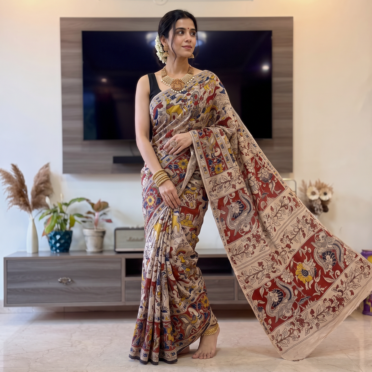 Multicolor Kalamkari Printed Cotton Saree, draped and worn by a woman, AI visual of the saree, iTokri
