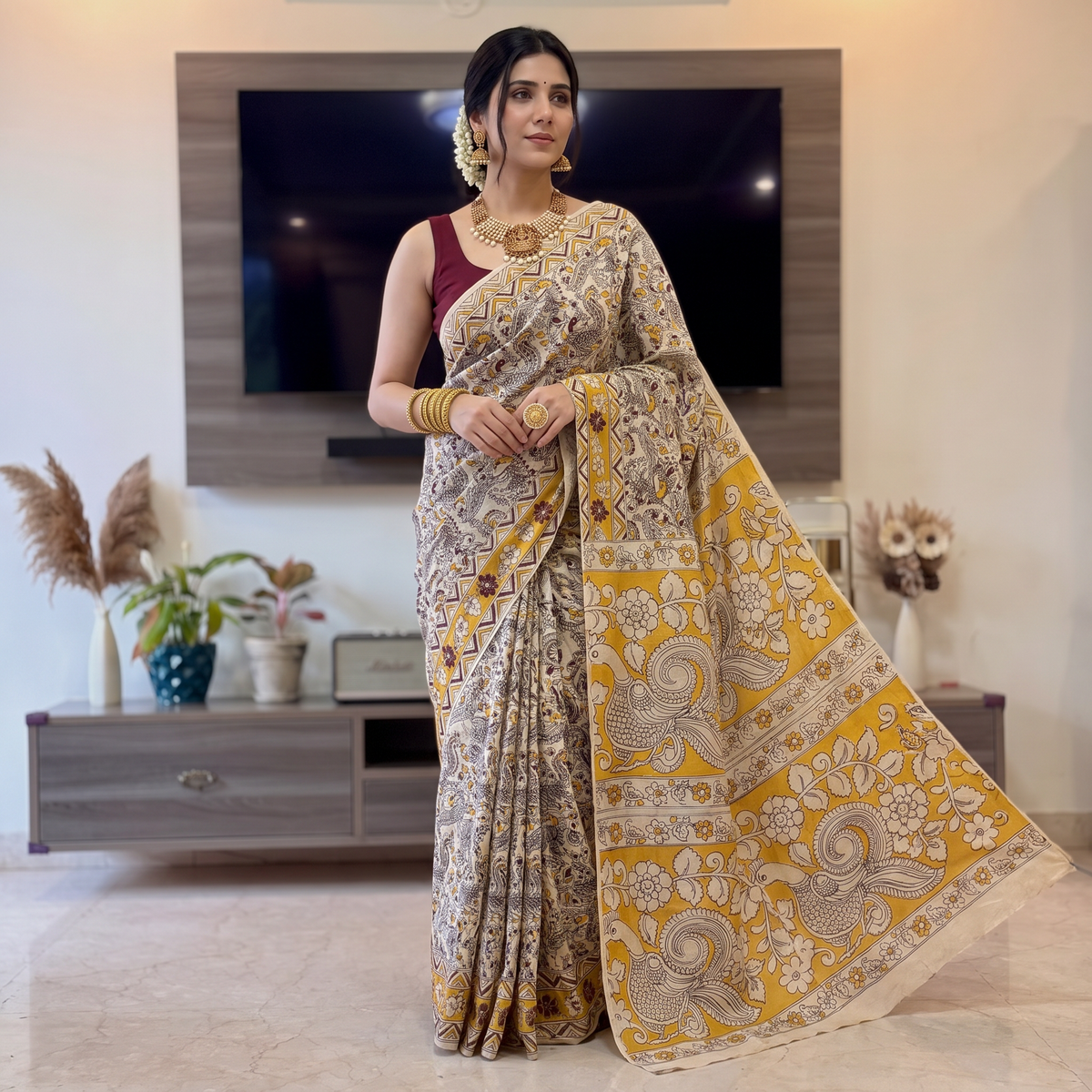 Beige Kalamkari Printed Cotton Saree, draped and worn by a woman, AI visual of the saree, iTokri