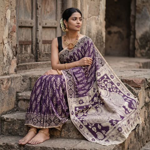 Purple Kalamkari Printed Cotton Saree, draped and worn by a woman, AI visual of the saree, iTokri