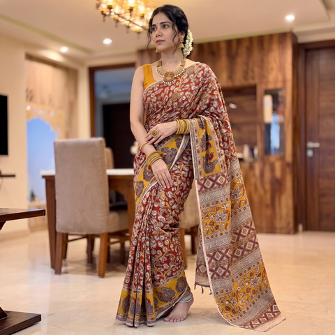 Red Kalamkari Printed Cotton Saree, draped and worn by a woman, AI visual of the saree, iTokri