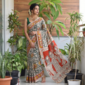 Beige Kalamkari Printed Cotton Saree, draped and worn by a woman, AI visual of the saree, iTokri