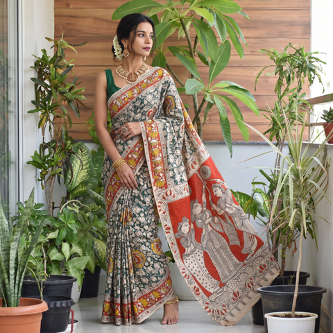 Beige Kalamkari Printed Cotton Saree, draped and worn by a woman, AI visual of the saree, iTokri