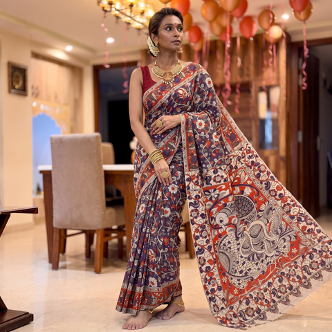 Multicolor Kalamkari Printed Cotton Saree, draped and worn by a woman, AI visual of the saree, iTokri