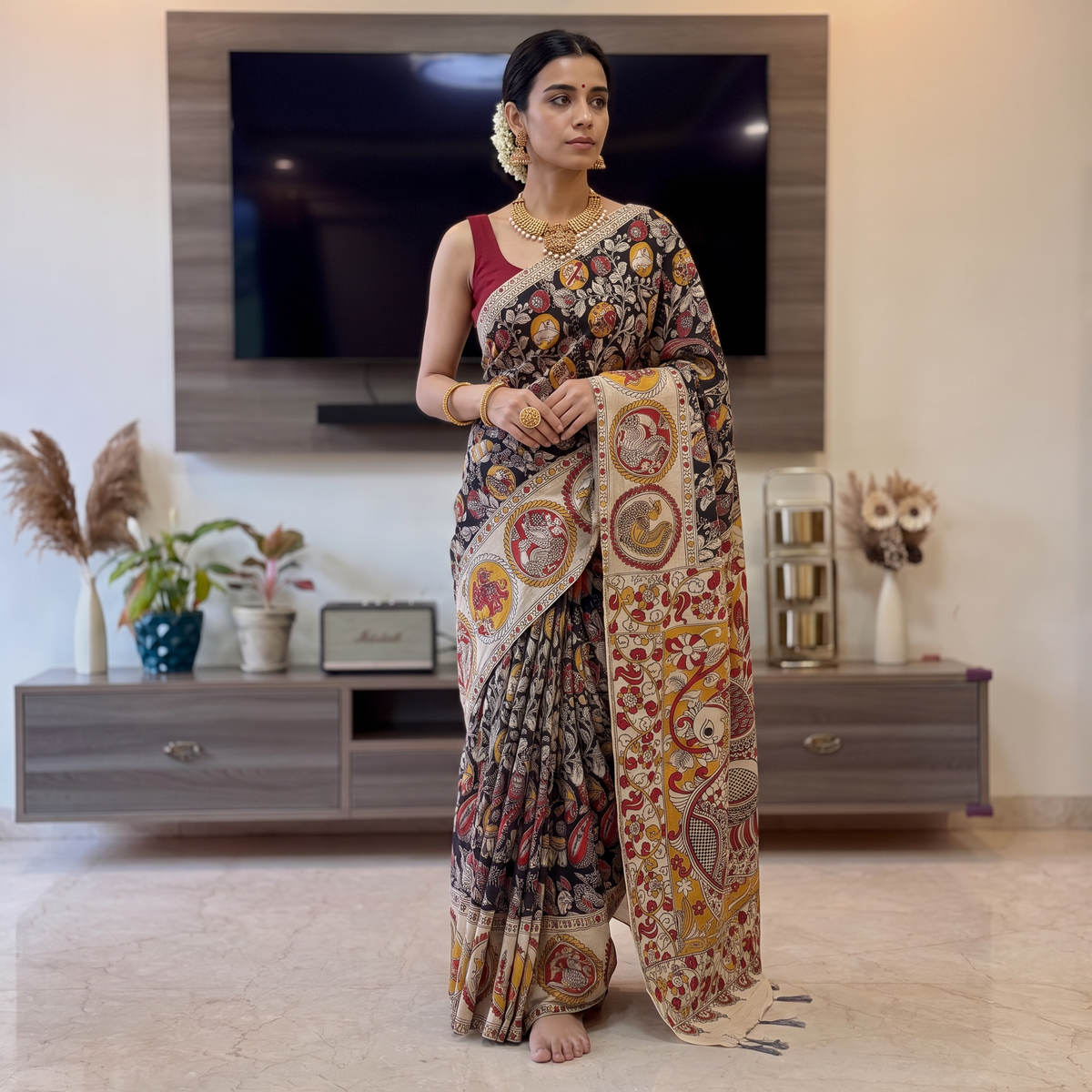 Multicolor Kalamkari Printed Cotton Saree, draped and worn by a woman, AI visual of the saree, iTokri