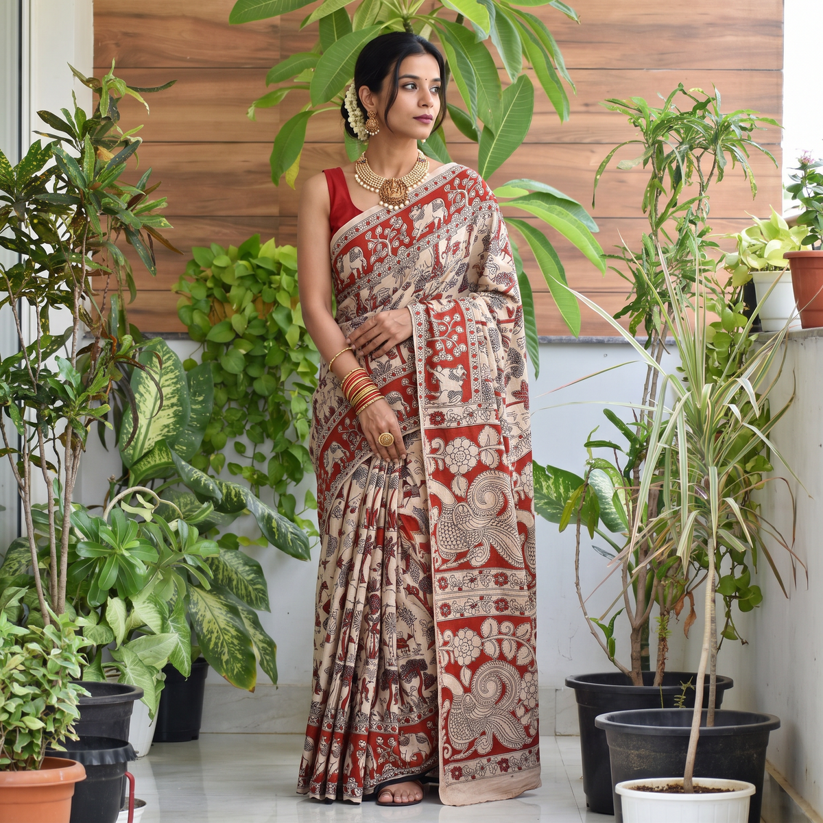 Beige Kalamkari Printed Cotton Saree, draped and worn by a woman, AI visual of the saree, iTokri