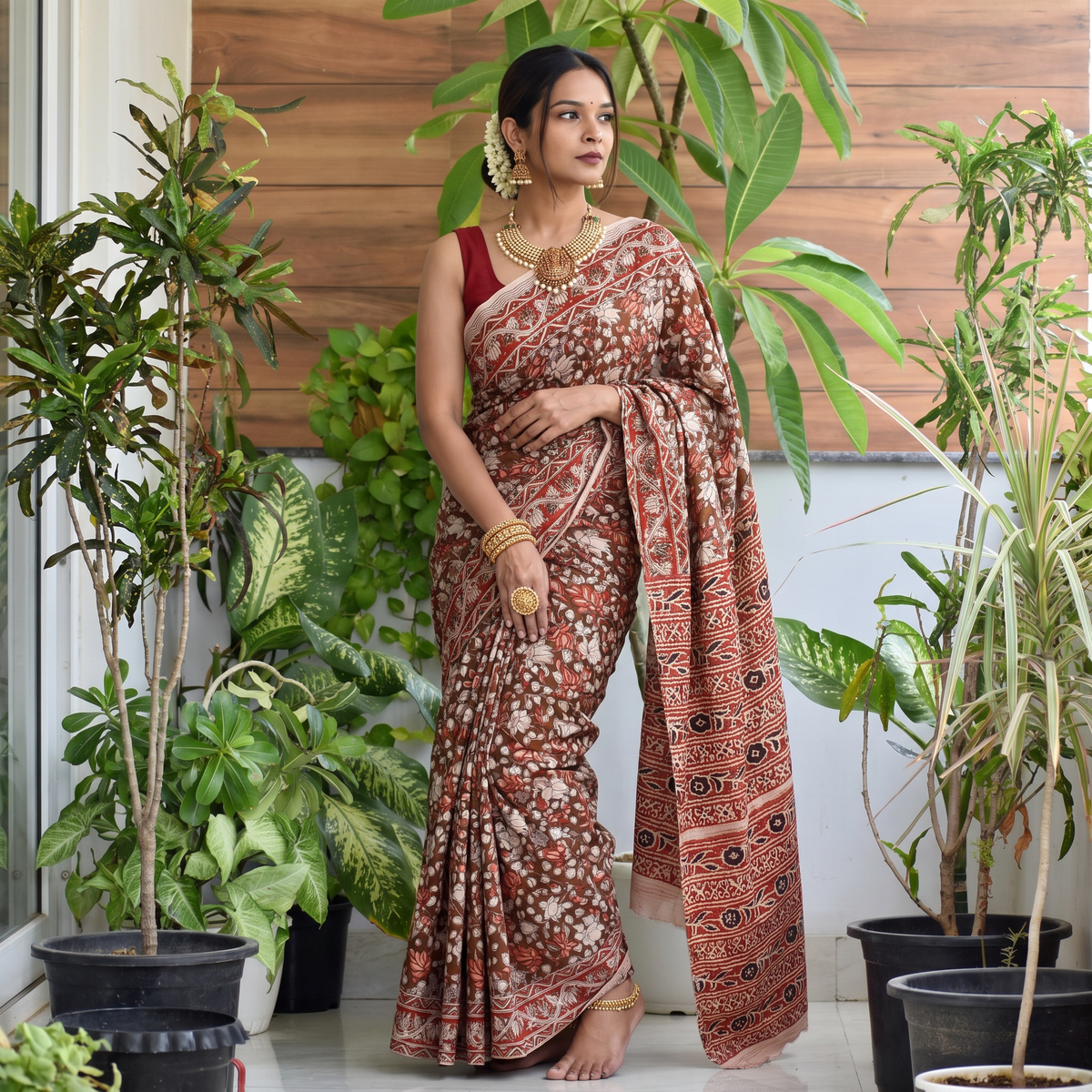 Brown Kalamkari Printed Cotton Saree, draped and worn by a woman, AI visual of the saree, iTokri
