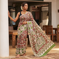 Red Kalamkari Printed Cotton Saree, draped and worn by a woman, AI visual of the saree, iTokri