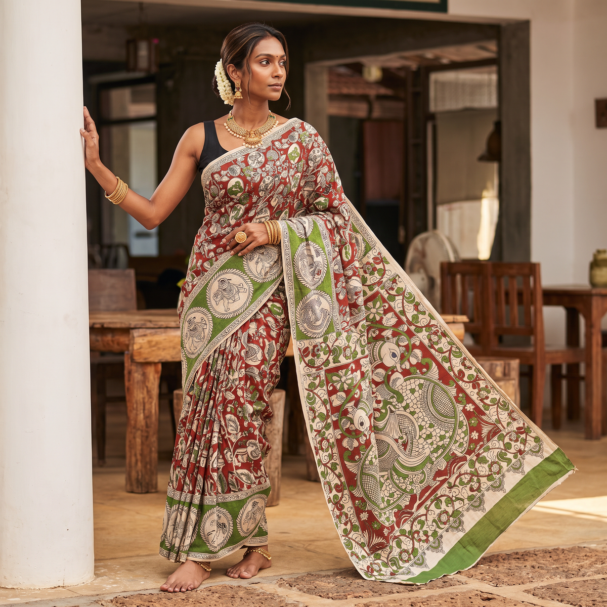 Red Kalamkari Printed Cotton Saree, draped and worn by a woman, AI visual of the saree, iTokri
