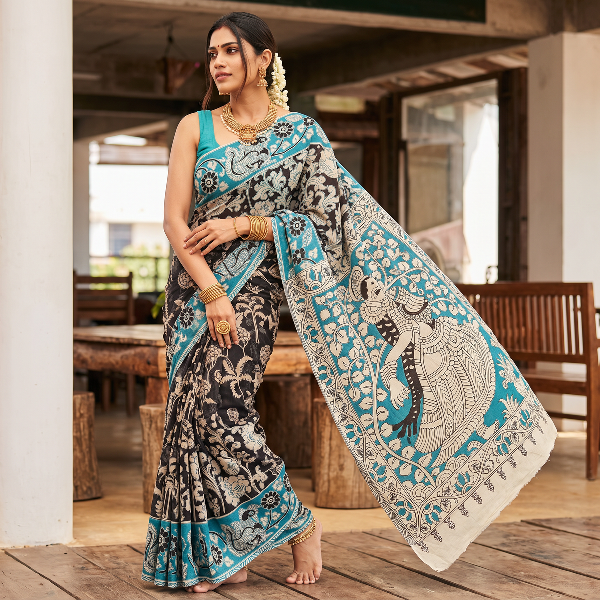Beige Kalamkari Printed Cotton Saree, draped and worn by a woman, AI visual of the saree, iTokri