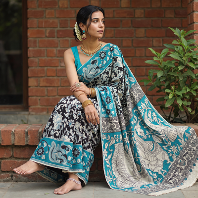 Beige Kalamkari Printed Cotton Saree, draped and worn by a woman, AI visual of the saree, iTokri