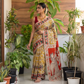 Yellow Kalamkari Printed Cotton Saree, draped and worn by a woman, AI visual of the saree, iTokri