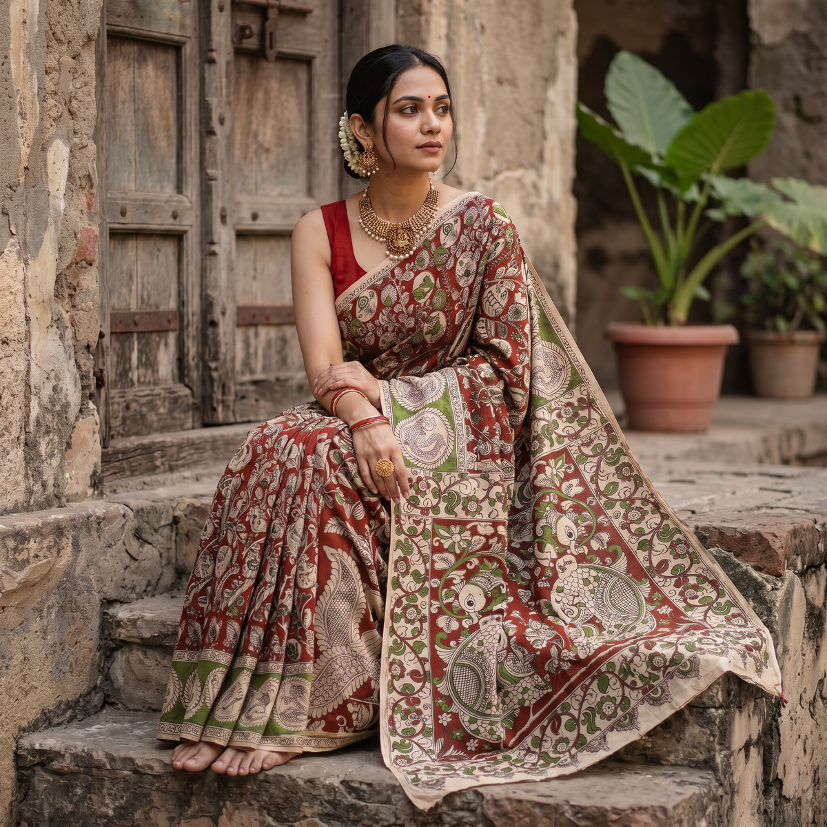 Red Kalamkari Printed Cotton Saree, draped and worn by a woman, AI visual of the saree, iTokri