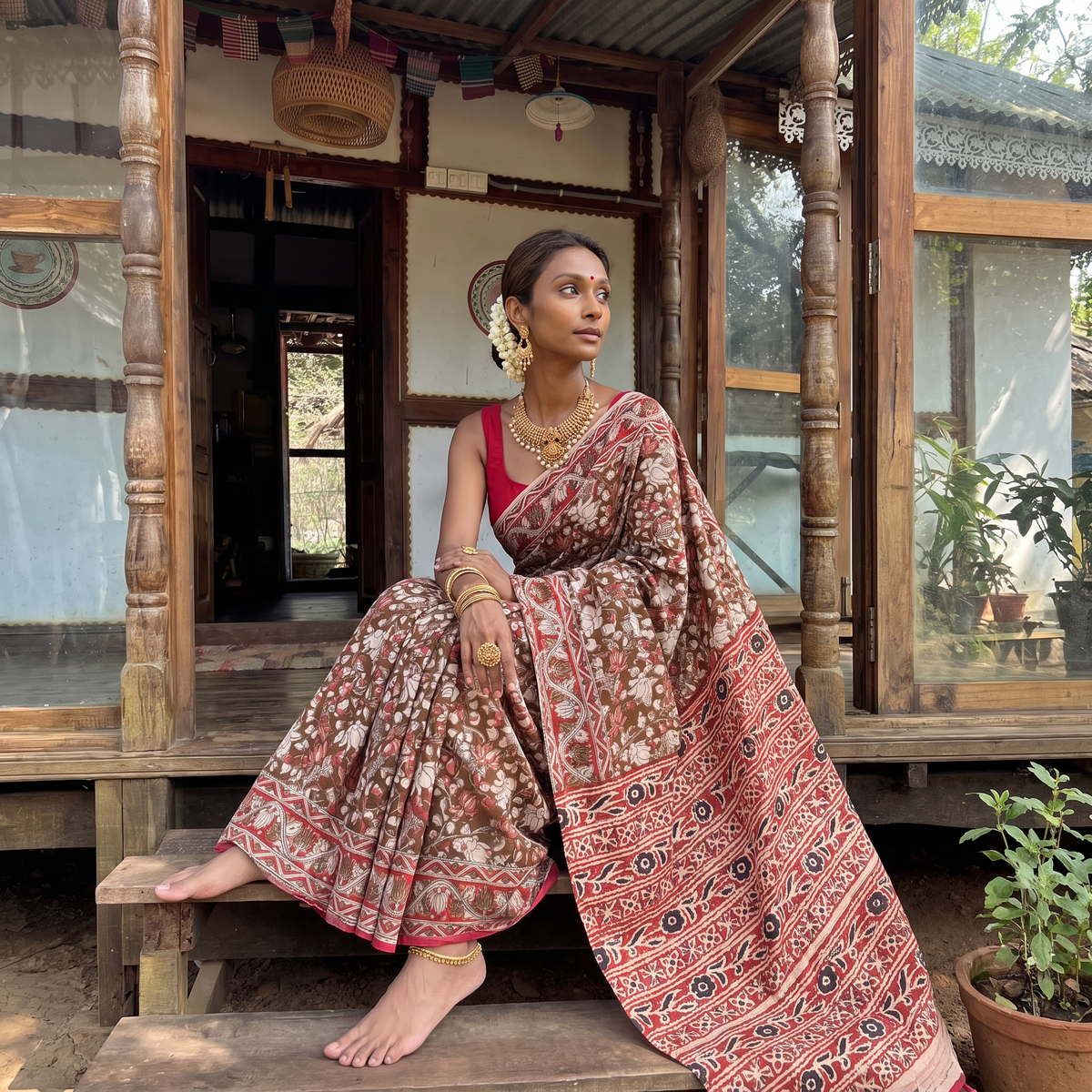 Brown Kalamkari Printed Cotton Saree, draped and worn by a woman, AI visual of the saree, iTokri