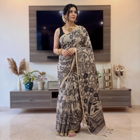 Beige and black Kalamkari Printed Kota Doria Cotton Saree, draped and worn by a woman, AI visual of the saree, iTokri