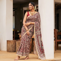 Pink Kalamkari Printed Kota Doria Cotton Saree, draped and worn by a woman, AI visual of the saree, iTokri