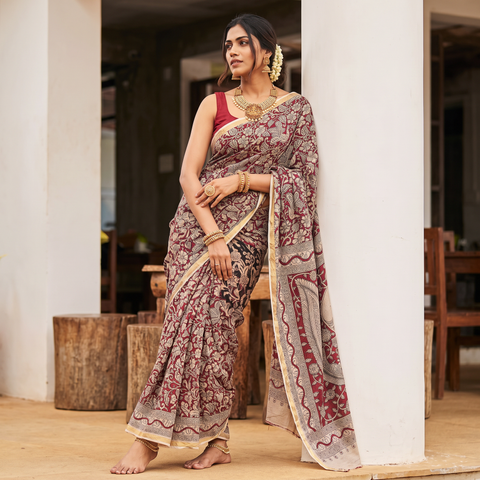 Pink Kalamkari Printed Kota Doria Cotton Saree, draped and worn by a woman, AI visual of the saree, iTokri
