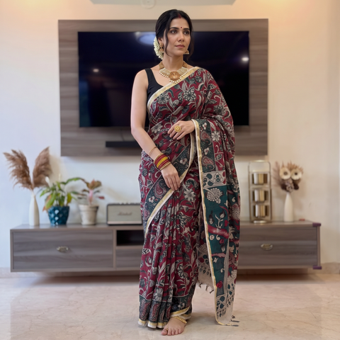 Pink Kalamkari Printed Kota Doria Cotton Saree, draped and worn by a woman, AI visual of the saree, iTokri