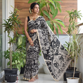 Black Kalamkari Printed Kota Doria Cotton Saree, draped and worn by a woman, AI visual of the saree, iTokri