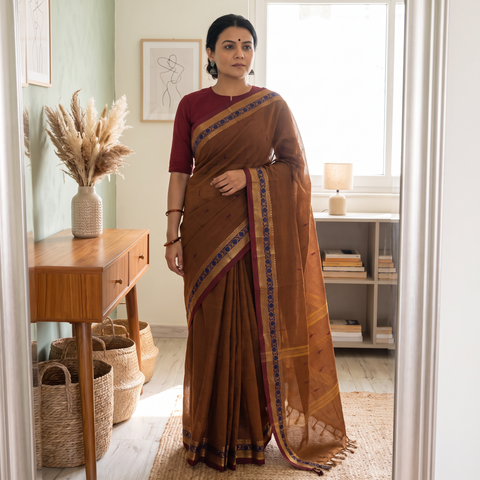 Brown Kanchipuram Buti Cotton Saree with Border, draped and worn by a woman, AI visual of the saree, iTokri