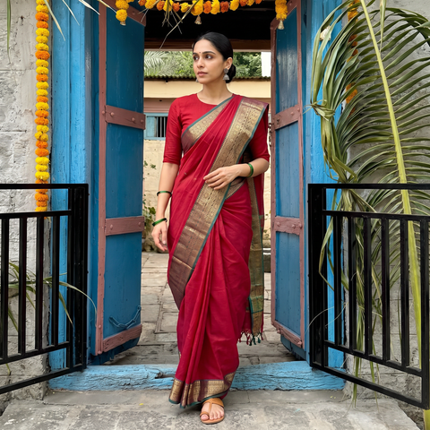 Red Kanchipuram Buti Cotton Saree with Border, draped and worn by a woman, AI visual of the saree, iTokri