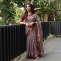 Brown Kanchipuram Buti Cotton Saree with Border, draped and worn by a woman, AI visual of the saree, iTokri