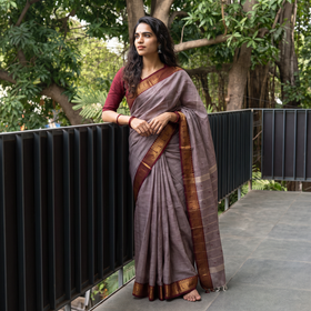 Brown Kanchipuram Buti Cotton Saree with Border, draped and worn by a woman, AI visual of the saree, iTokri