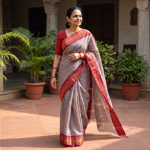 Brown Kanchipuram Buti Cotton Saree with Border, draped and worn by a woman, AI visual of the saree, iTokri