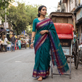 Green Kanchipuram Buti Cotton Saree with Border, draped and worn by a woman, AI visual of the saree, iTokri