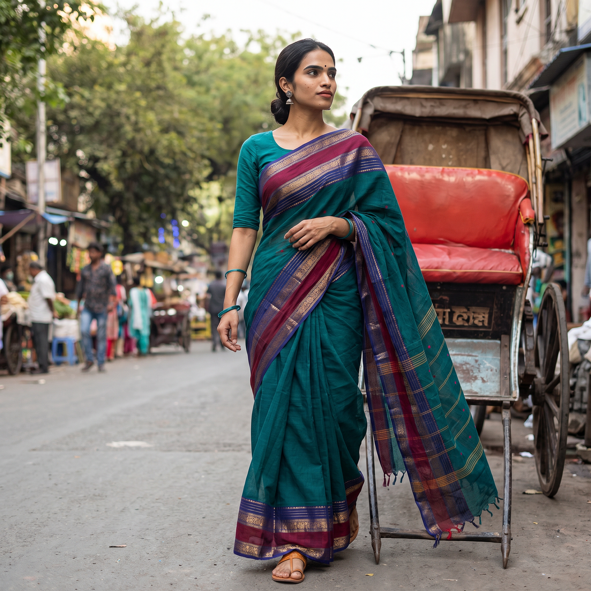 Green Kanchipuram Buti Cotton Saree with Border, draped and worn by a woman, AI visual of the saree, iTokri