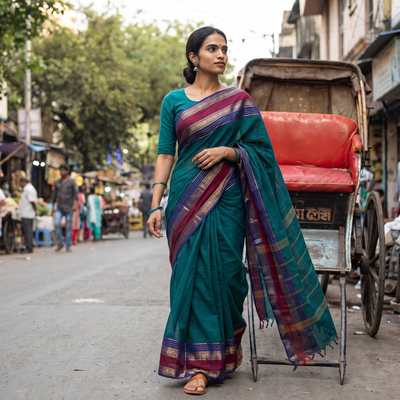 Green Kanchipuram Buti Cotton Saree with Border, draped and worn by a woman, AI visual of the saree, iTokri