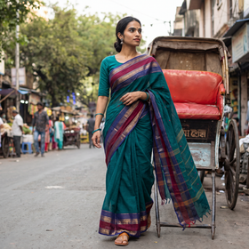 Green Kanchipuram Buti Cotton Saree with Border, draped and worn by a woman, AI visual of the saree, iTokri