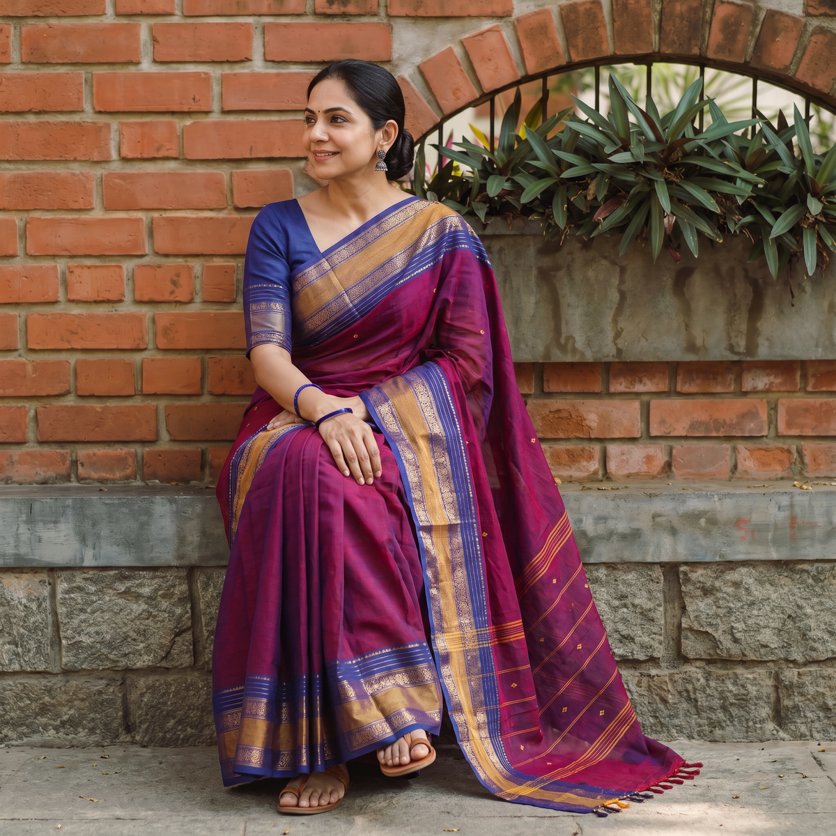 Purple Kanchipuram Buti Cotton Saree with Border, draped and worn by a woman, AI visual of the saree, iTokri