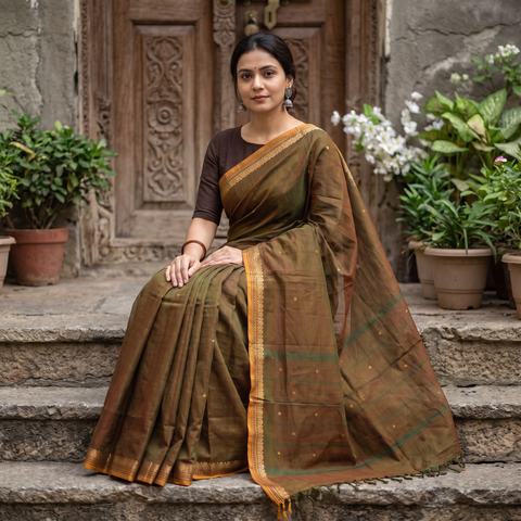 Brown Kanchipuram Buti Cotton Saree with Border, draped and worn by a woman, AI visual of the saree, iTokri