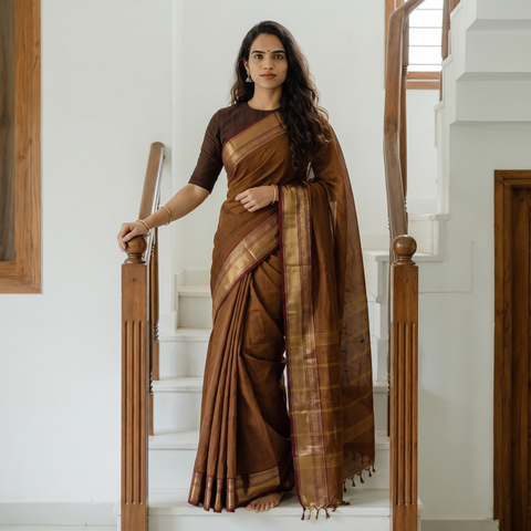 Brown Kanchipuram Buti Cotton Saree with Border, draped and worn by a woman, AI visual of the saree, iTokri