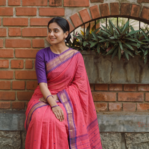Pink Kanchipuram Buti Cotton Saree with Border, draped and worn by a woman, AI visual of the saree, iTokri