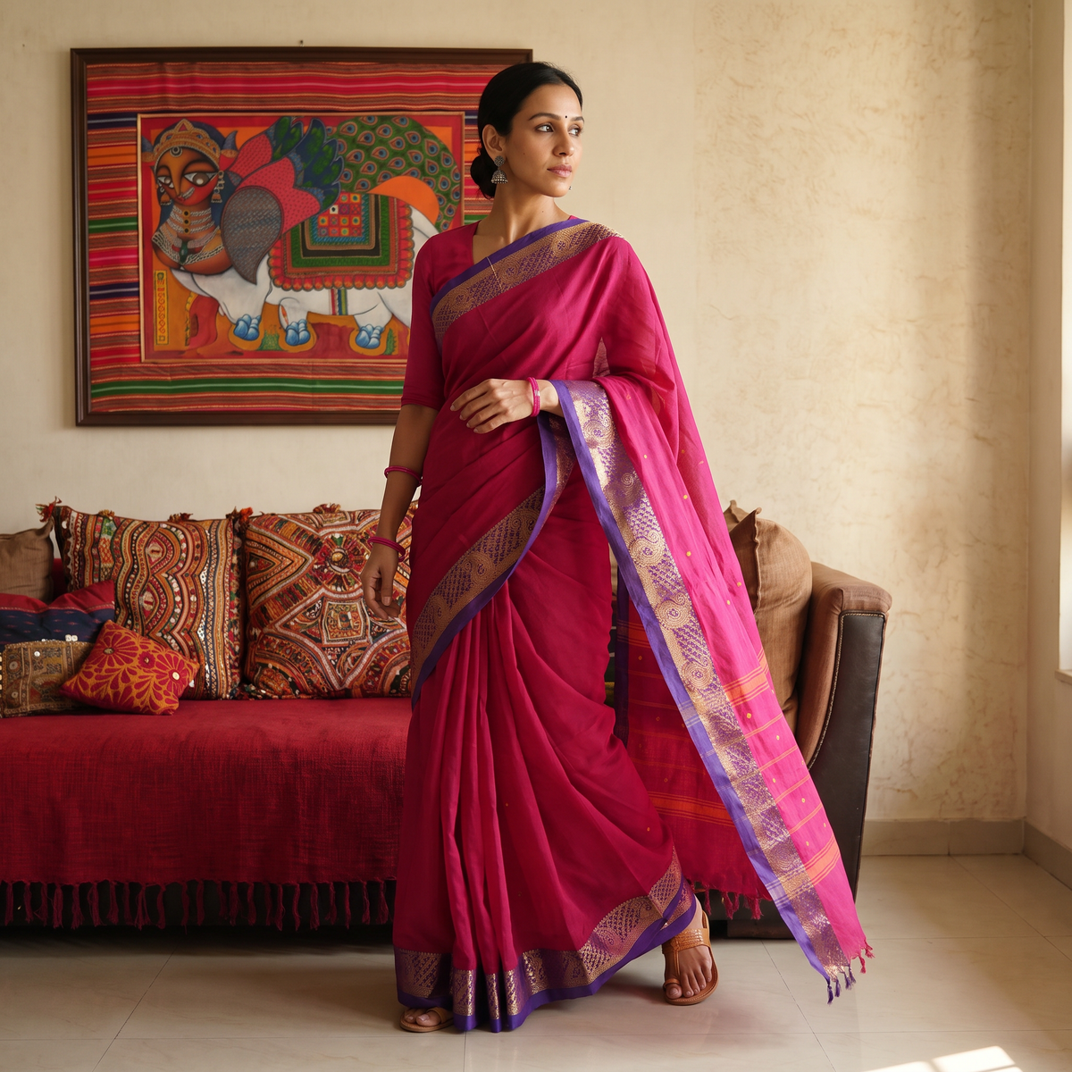 Pink Kanchipuram Buti Cotton Saree with Border, draped and worn by a woman, AI visual of the saree, iTokri