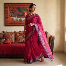 Pink Kanchipuram Buti Cotton Saree with Border, draped and worn by a woman, AI visual of the saree, iTokri
