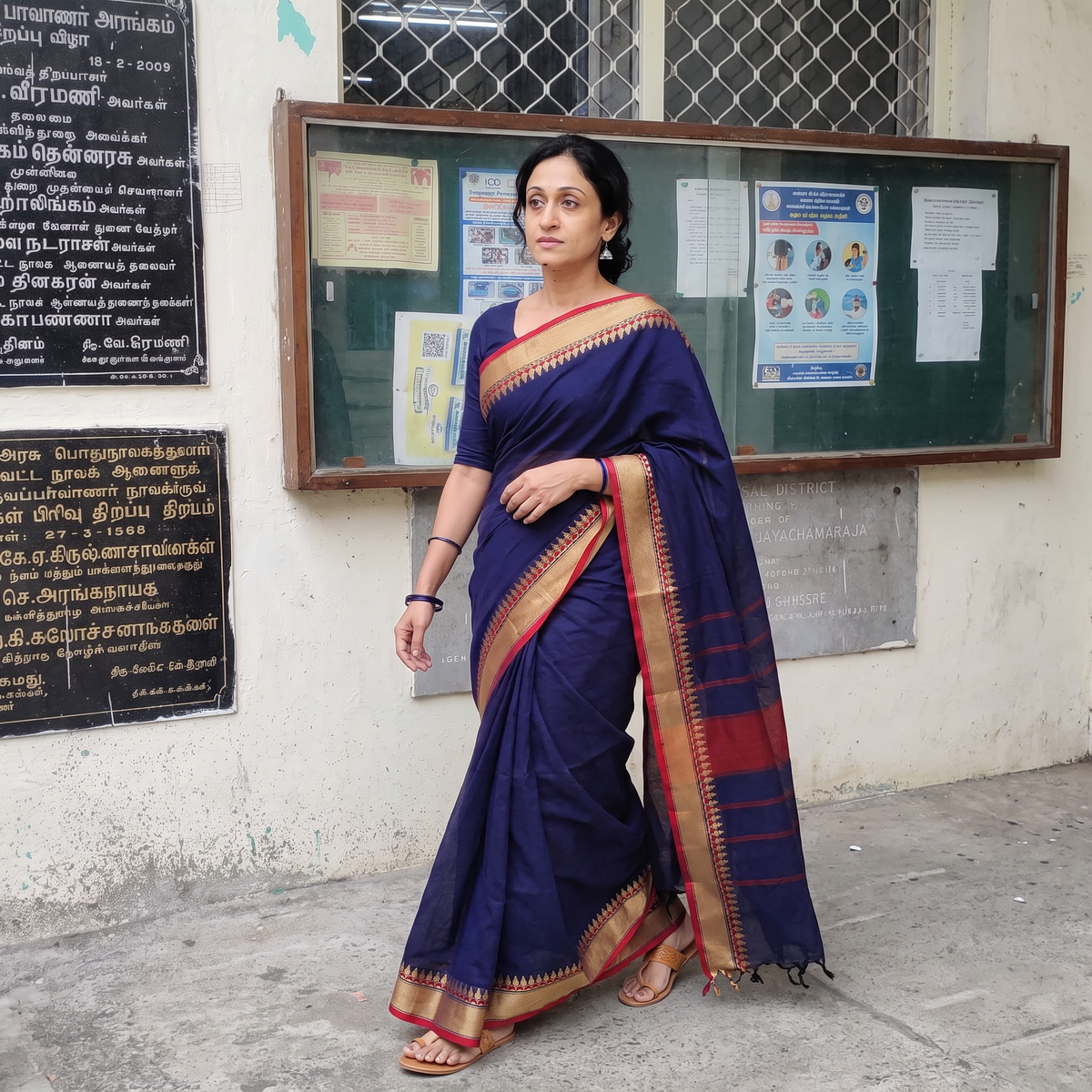 Blue Kanchipuram Cotton Saree with Thread Border, draped and worn by a woman, AI visual of the saree, iTokri