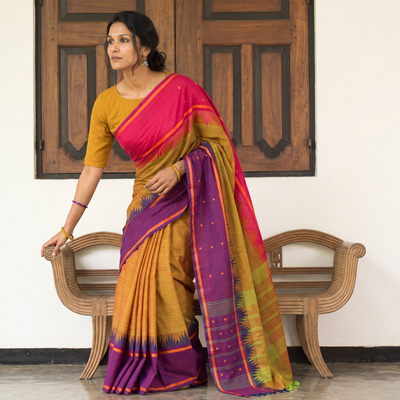 Multicolor Kandangi Buti Chettinad Cotton Saree with Border, draped and worn by a woman, AI visual of the saree, iTokri