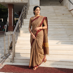 Brown Kandangi Chettinad Cotton Saree with Border, draped and worn by a woman, AI visual of the saree, iTokri