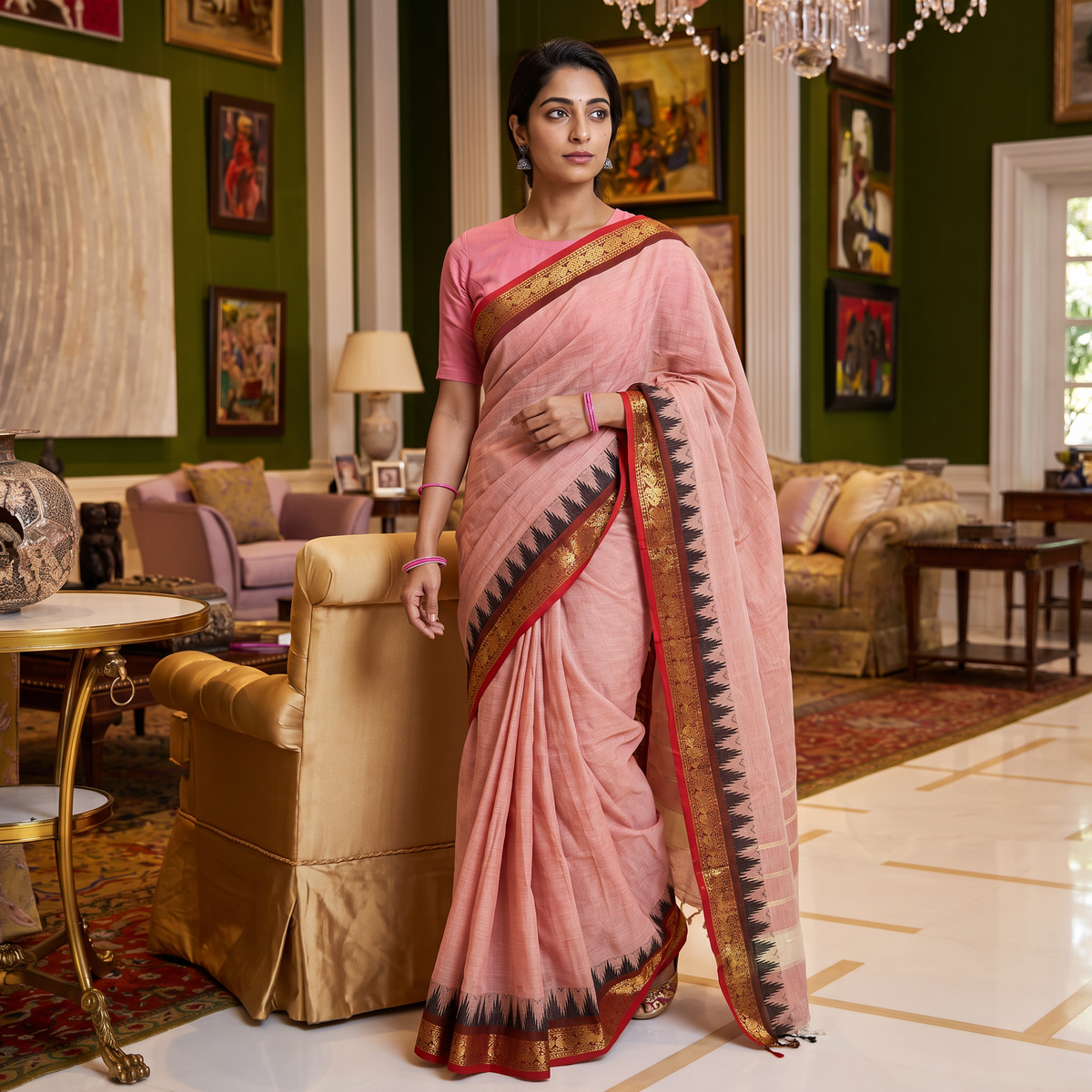 Pink Kandangi Chettinad Cotton Saree with Border, draped and worn by a woman, AI visual of the saree, iTokri