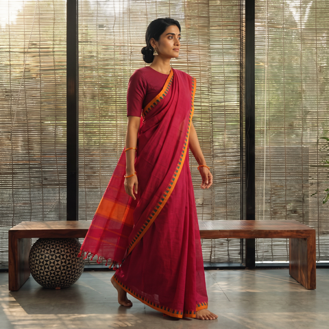 Pink Kandangi Chettinad Cotton Saree with Border, draped and worn by a woman, AI visual of the saree, iTokri